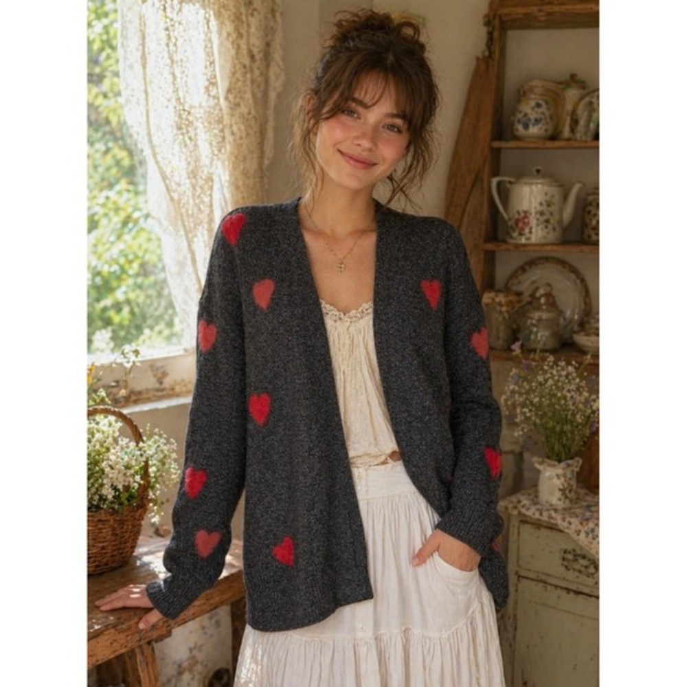NWT!!‎ CELEBRATE TOGETHER Heart Cardigan Sweater Grey Pink Red Hearts Large